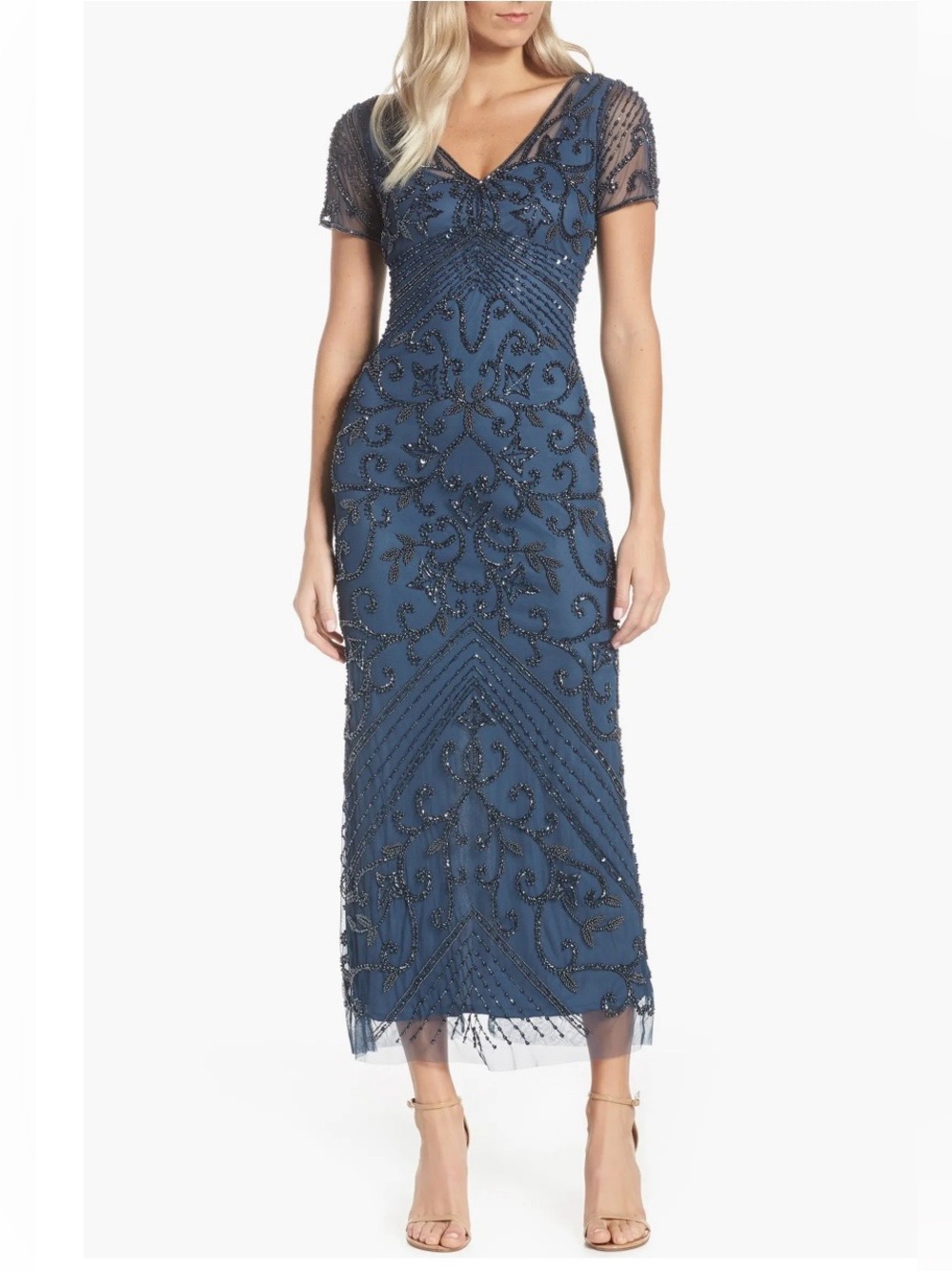 Pisarro Nights coastal Blue Beaded V-Neck Midi Dress